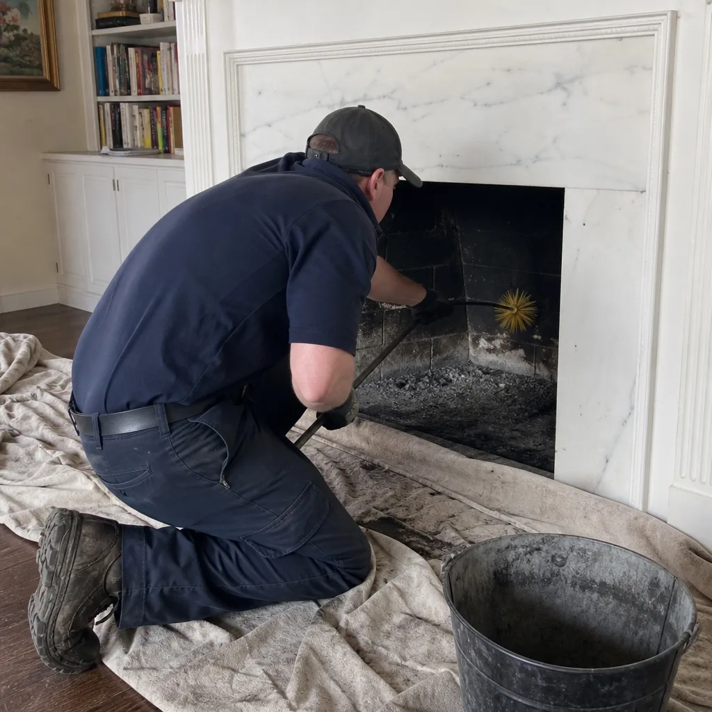 Professional chimney sweep cleaning a fireplace with a brush