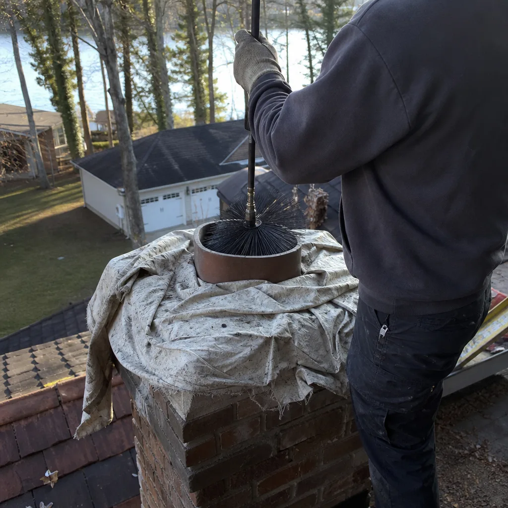 Professional chimney sweep cleaning a residential brick chimney with wire brush