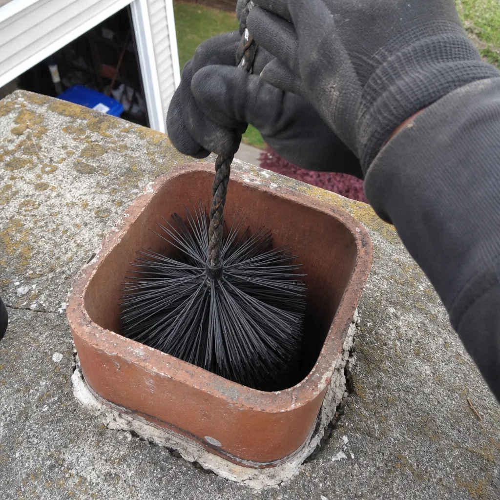Professional chimney sweep cleaning a chimney flue with a wire brush