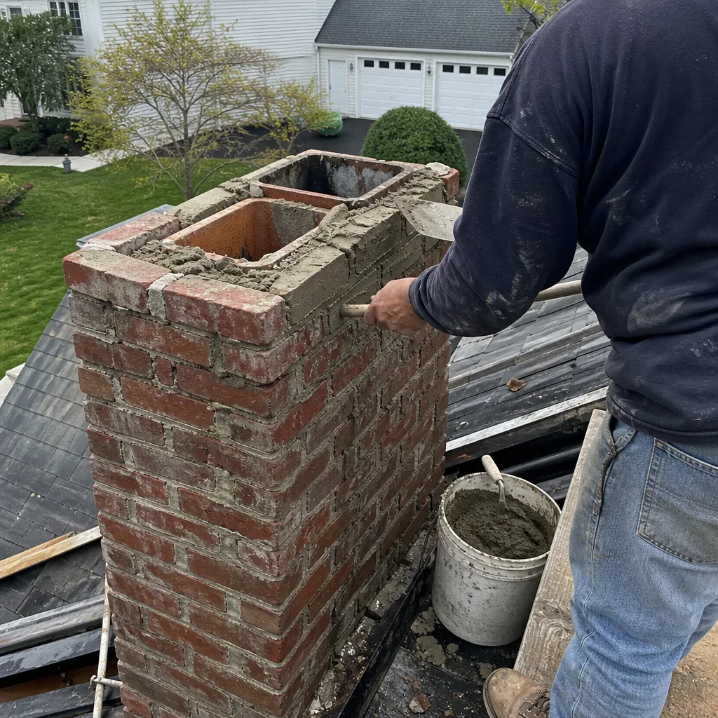 Professional mason performing brick chimney repair and mortar tuckpointing on roof