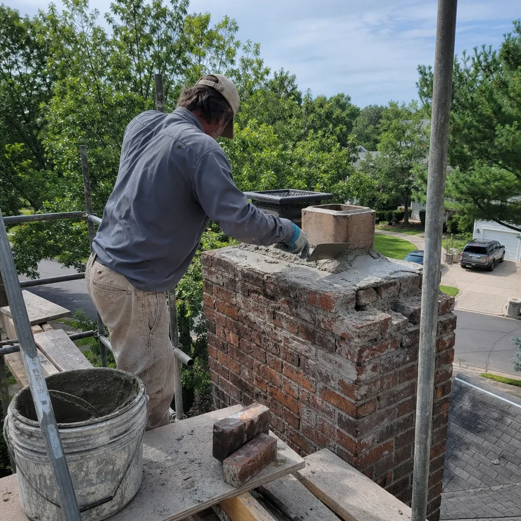 Mason performing professional chimney repair and masonry work from scaffolding.