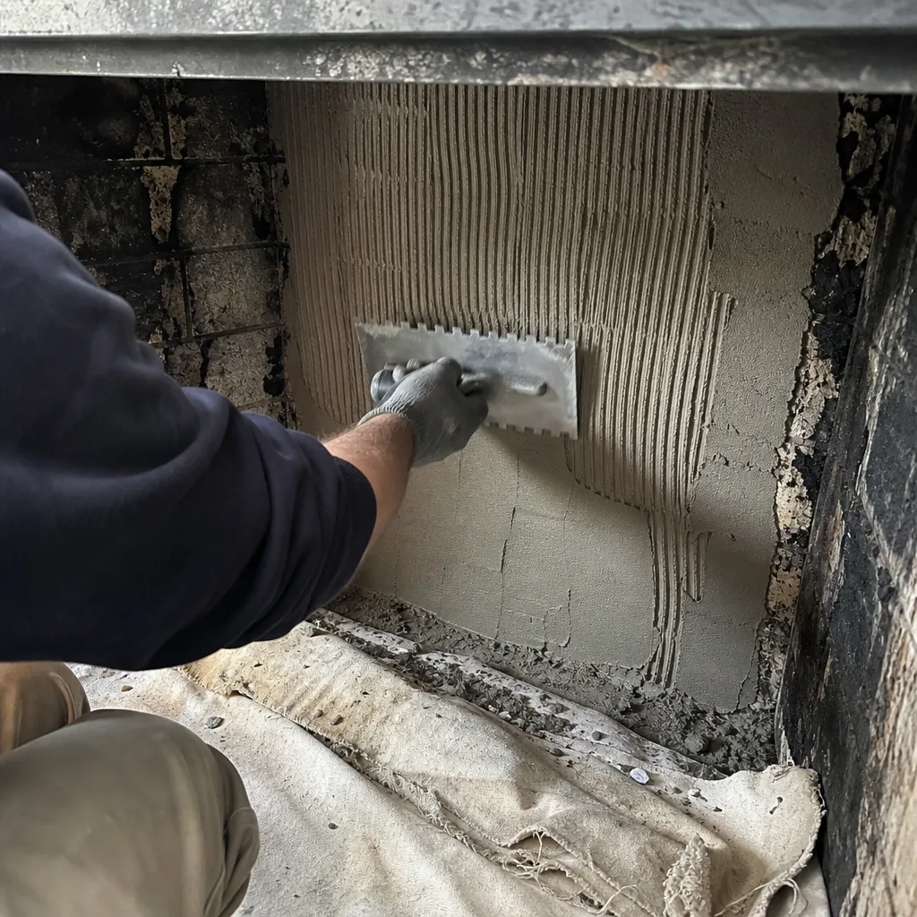 Worker applying mortar to fireplace wall with notched trowel