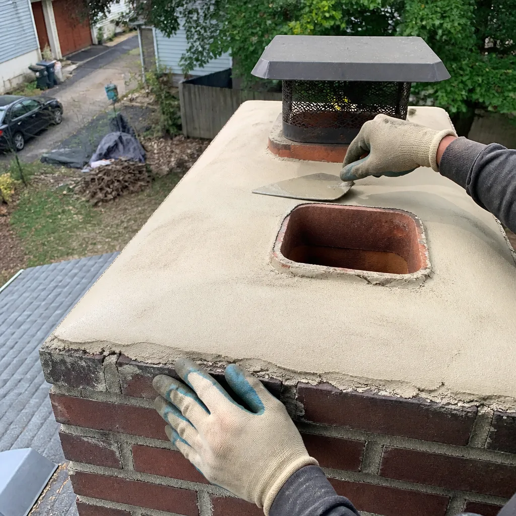 Technician repairing concrete chimney crown with professional trowel tools nationwide
