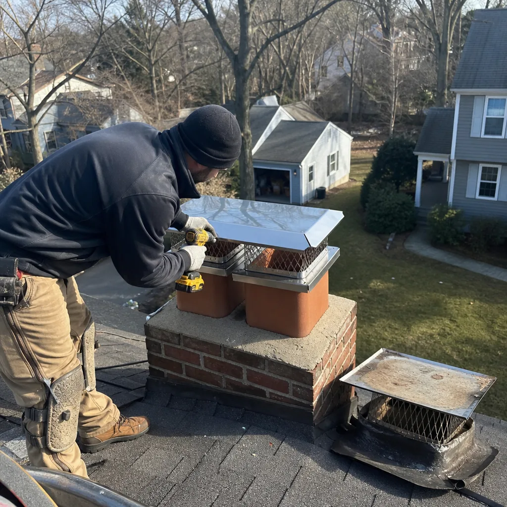Technician installing a new stainless steel chimney cap on a brick chimney. nationwide