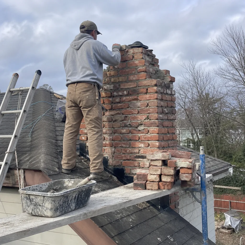 Professional bricklayer performing a chimney rebuild and restoration on a roof. nationwide