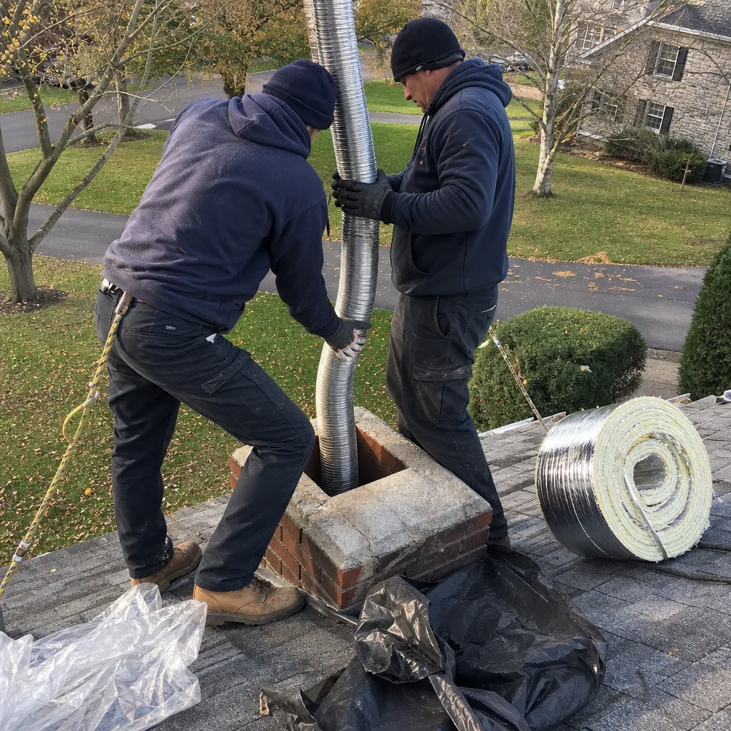 Technicians installing a flexible stainless steel chimney liner on a roof nationwide