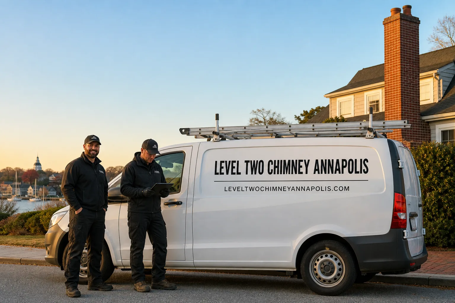 Level Two Chimney Annapolis chimney cleaning service vehicle and crew in Annapolis, MD